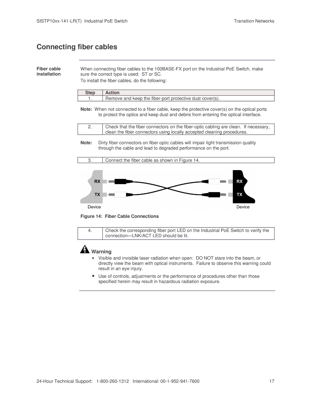 Transition Networks SISTP10XX-141-LR(T) installation manual Connecting fiber cables 