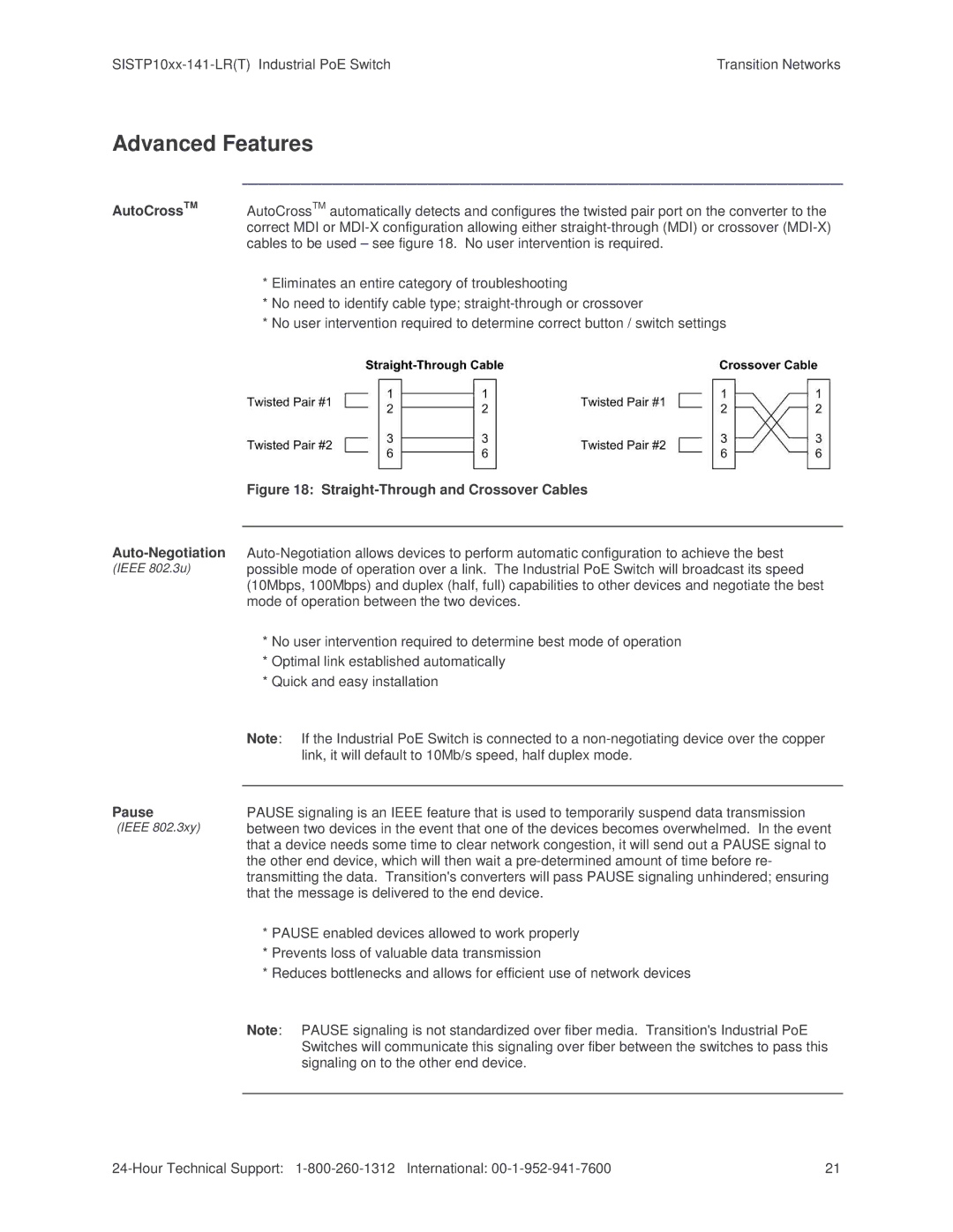 Transition Networks SISTP10XX-141-LR(T) installation manual Advanced Features, Straight-Through and Crossover Cables 