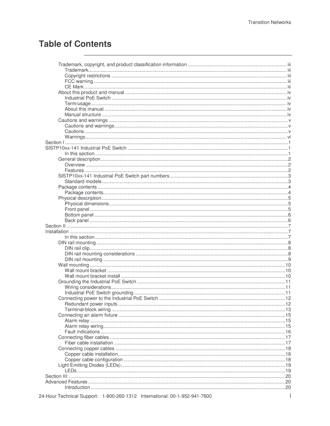 Transition Networks SISTP10XX-141-LR(T) installation manual Table of Contents 