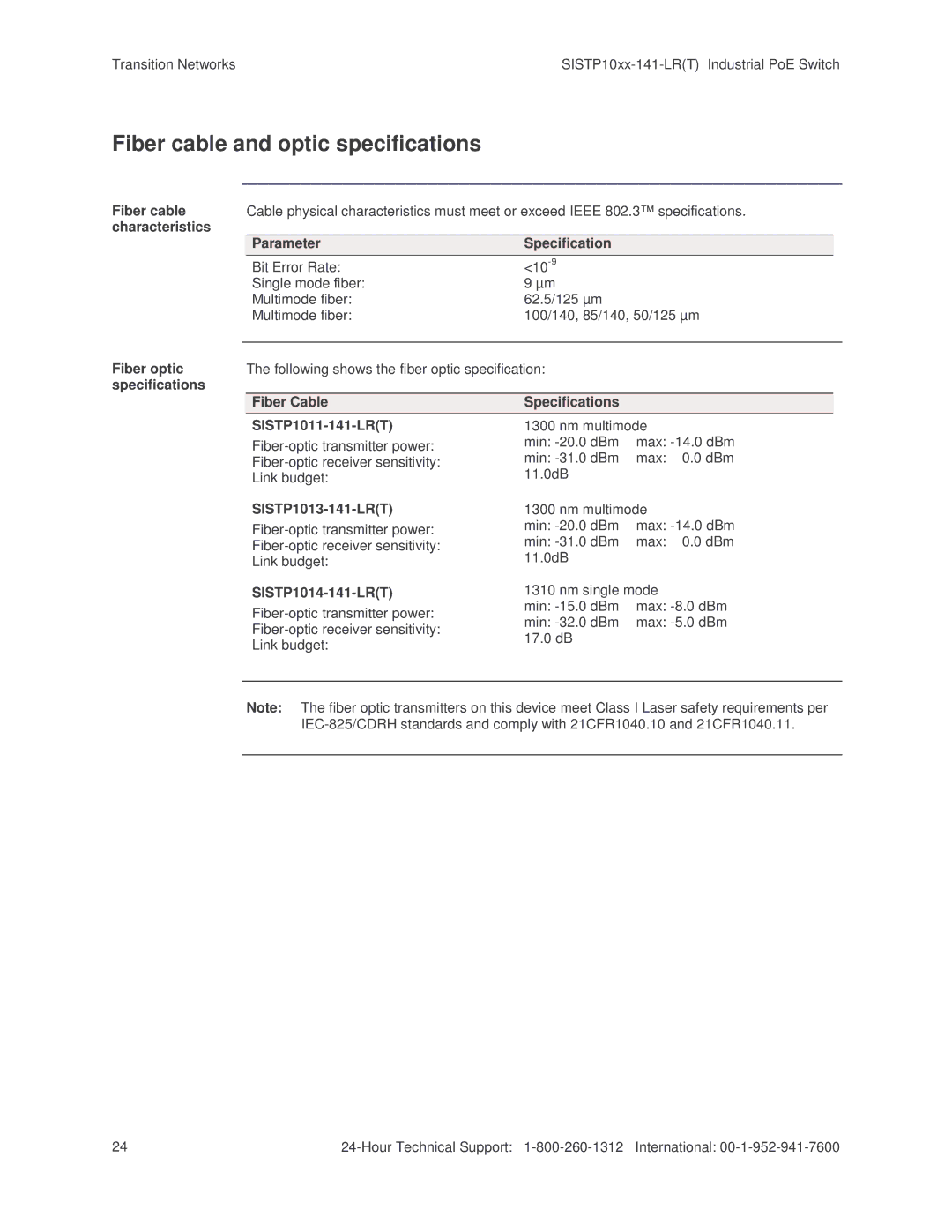 Transition Networks SISTP10XX-141-LR(T) installation manual Fiber cable and optic specifications 