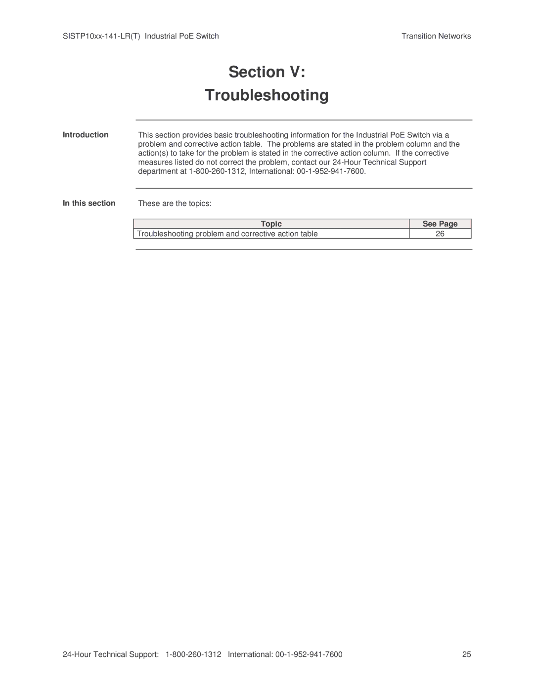 Transition Networks SISTP10XX-141-LR(T) installation manual Section, Troubleshooting 