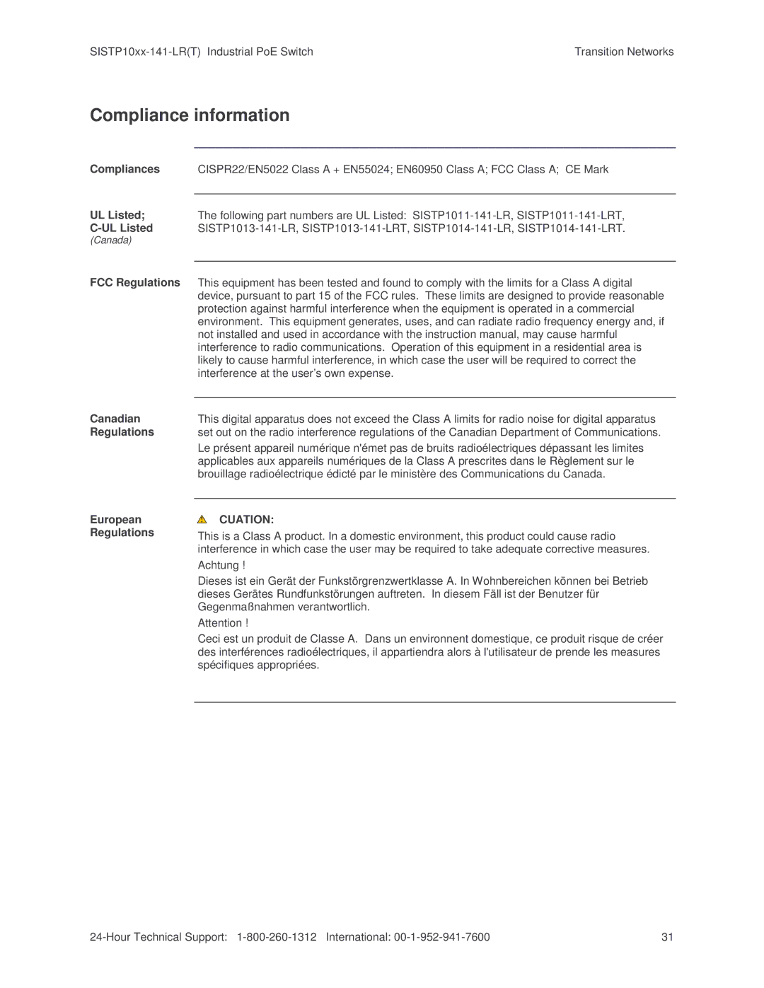 Transition Networks SISTP10XX-141-LR(T) installation manual Compliance information, Cuation 