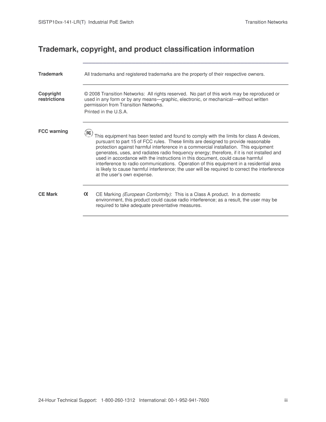 Transition Networks SISTP10XX-141-LR(T) installation manual Trademark, copyright, and product classification information 