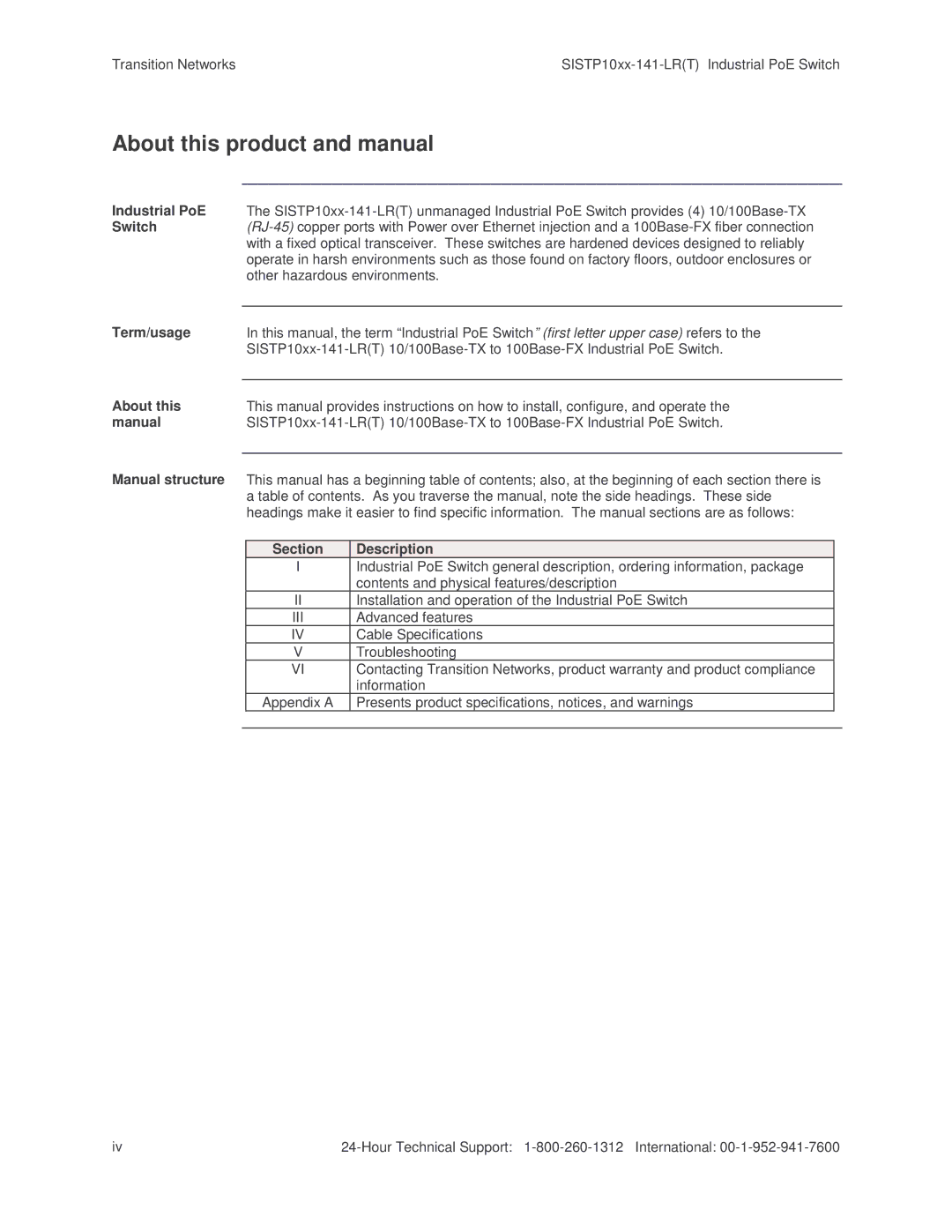 Transition Networks SISTP10XX-141-LR(T) installation manual About this product and manual, Iii 