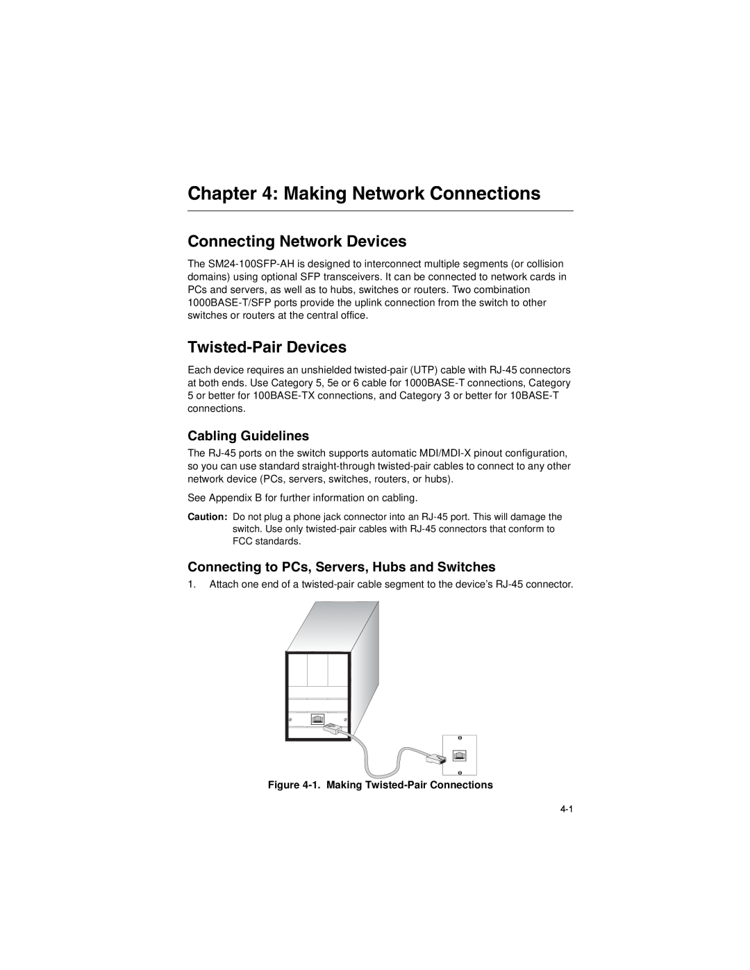 Transition Networks SM24-100SFP-AH manual Making Network Connections, Connecting Network Devices, Twisted-Pair Devices 
