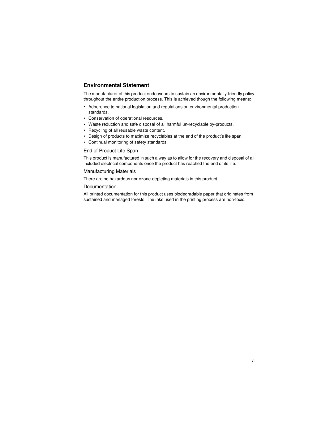 Transition Networks SM24-100SFP-AH manual End of Product Life Span, Manufacturing Materials, Documentation, Vii 