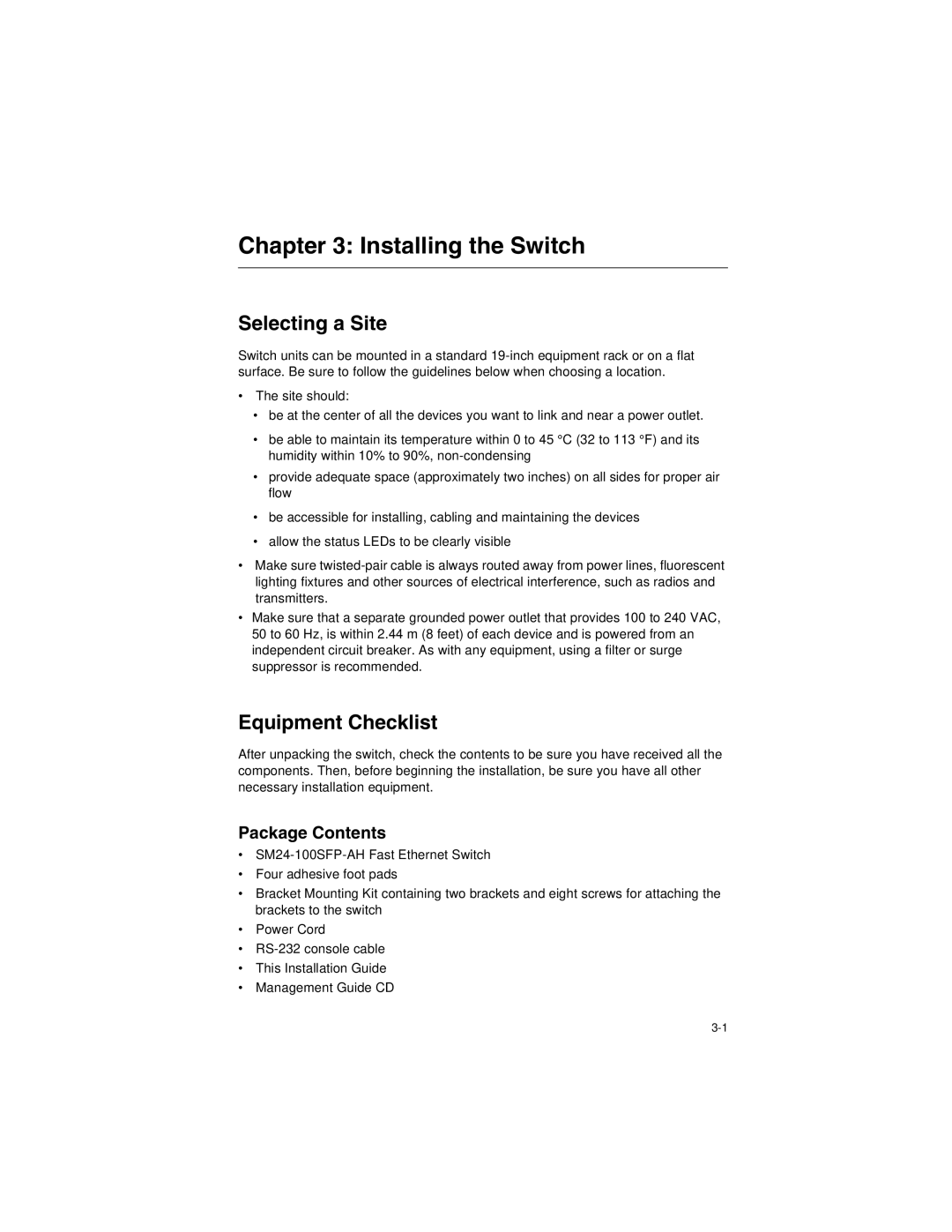 Transition Networks SM24-100SFP-AH manual Installing the Switch, Selecting a Site, Equipment Checklist, Package Contents 