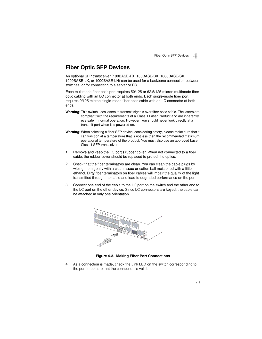 Transition Networks SM24-100SFP-AH manual Fiber Optic SFP Devices, Making Fiber Port Connections 