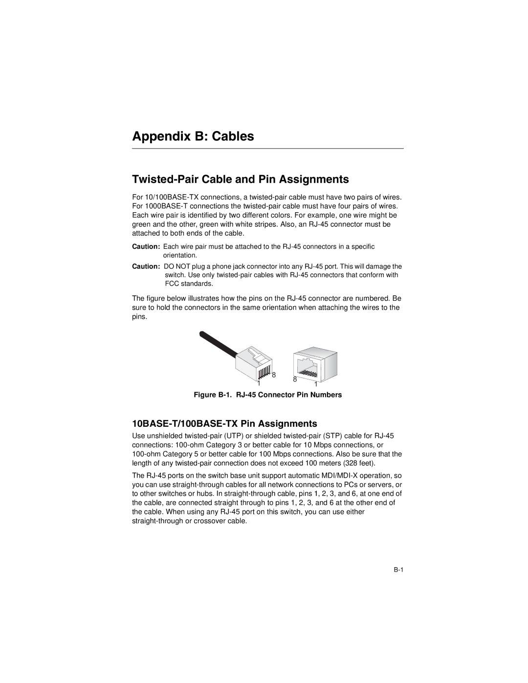 Transition Networks SM24-100SFP-AH manual Appendix B Cables, Twisted-Pair Cable and Pin Assignments 