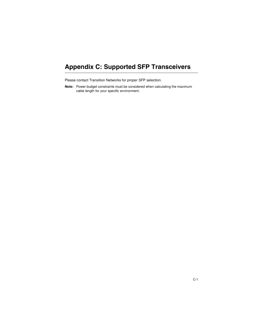 Transition Networks SM24-100SFP-AH manual Appendix C Supported SFP Transceivers 