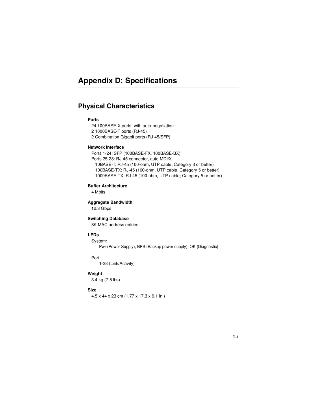 Transition Networks SM24-100SFP-AH manual Appendix D Specifications, Physical Characteristics 