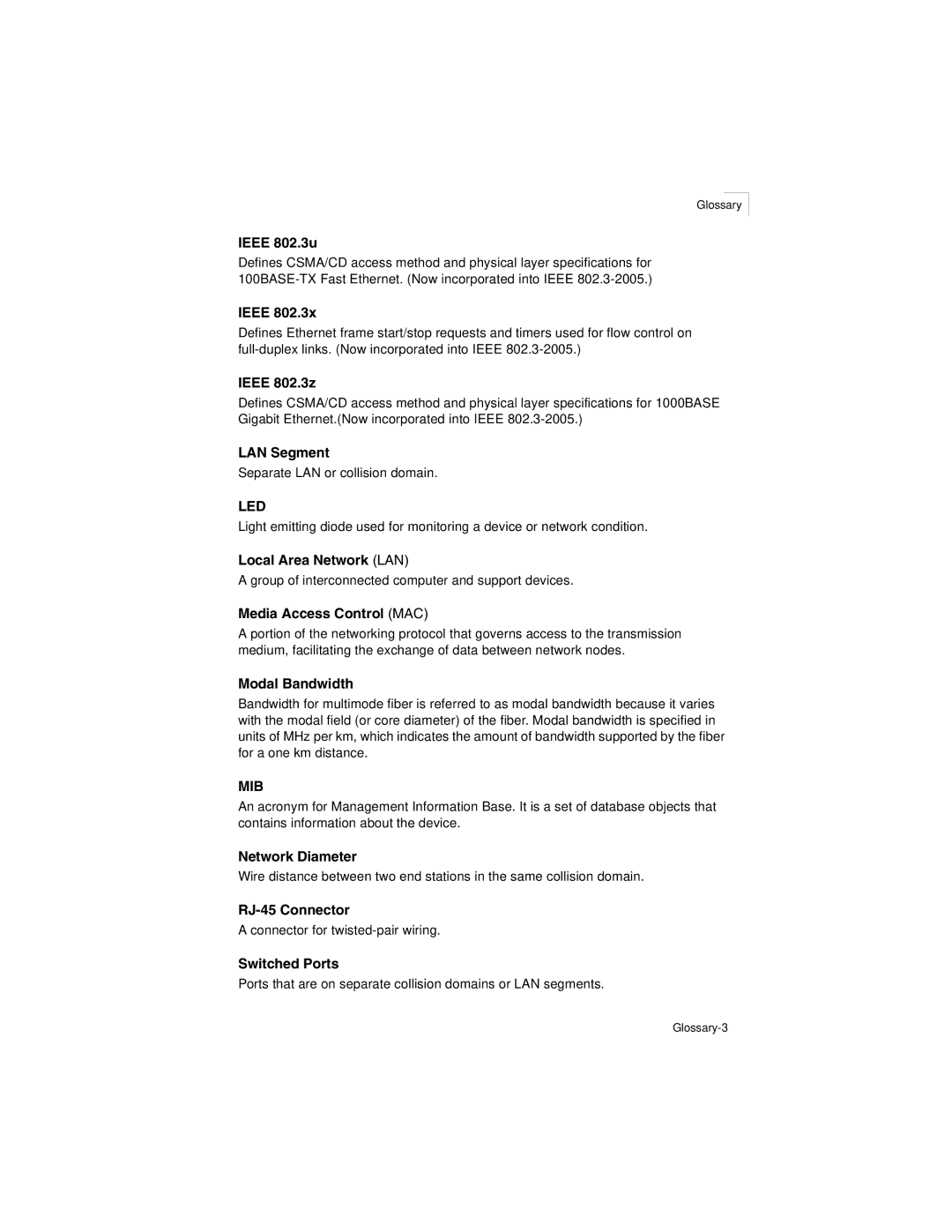 Transition Networks SM24-100SFP-AH manual Ieee 802.3u, Glossary-3 