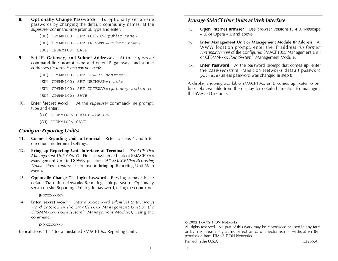 Transition Networks SMACF10XX quick start Configure Reporting Units, Manage SMACF10xx Units at Web Interface 