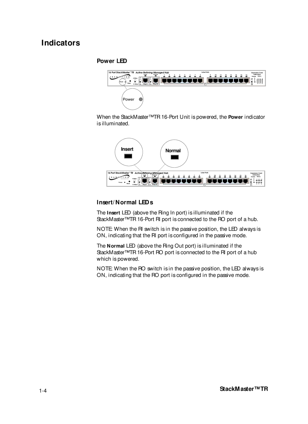 Transition Networks SMHB-TR-16 manual Indicators, Power LED, Insert/Normal LEDs 