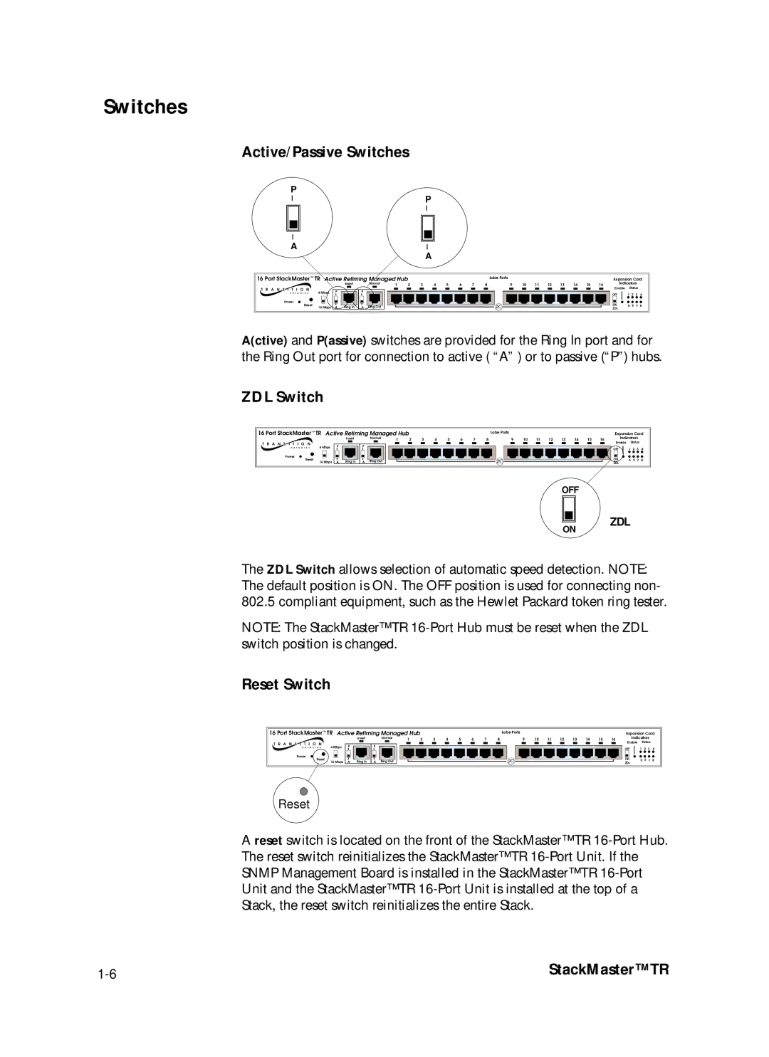 Transition Networks SMHB-TR-16 manual Active/Passive Switches, ZDL Switch, Reset Switch 