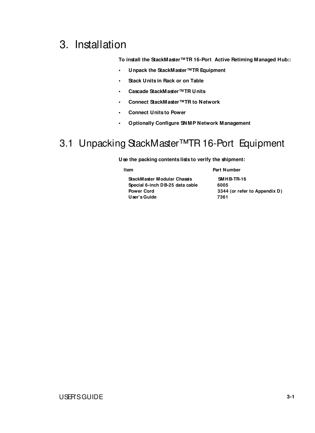 Transition Networks SMHB-TR-16 manual Installation, Unpacking StackMasterTR 16-Port Equipment 