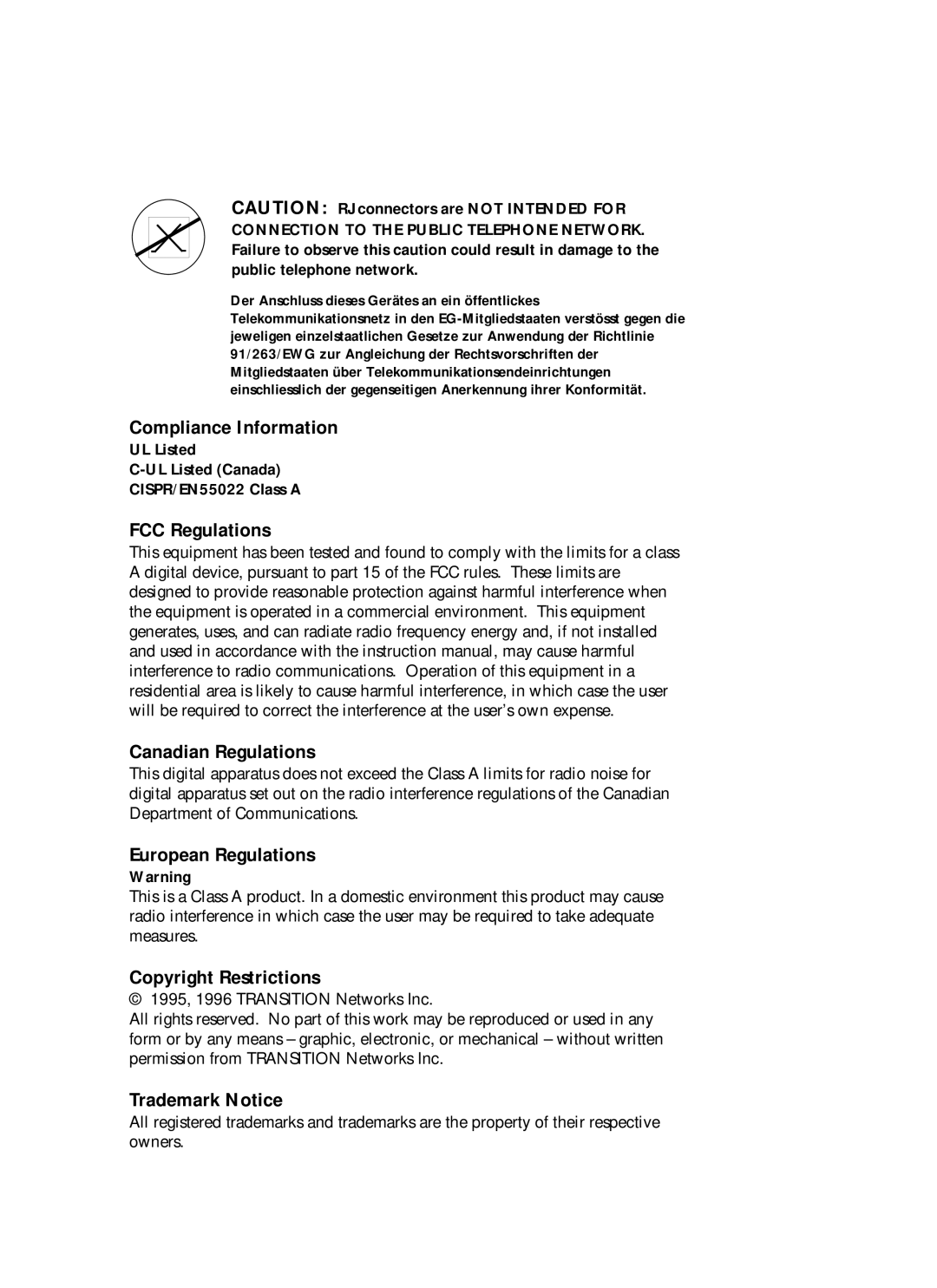 Transition Networks SMHB-TR-16 manual Compliance Information, FCC Regulations Canadian Regulations, European Regulations 