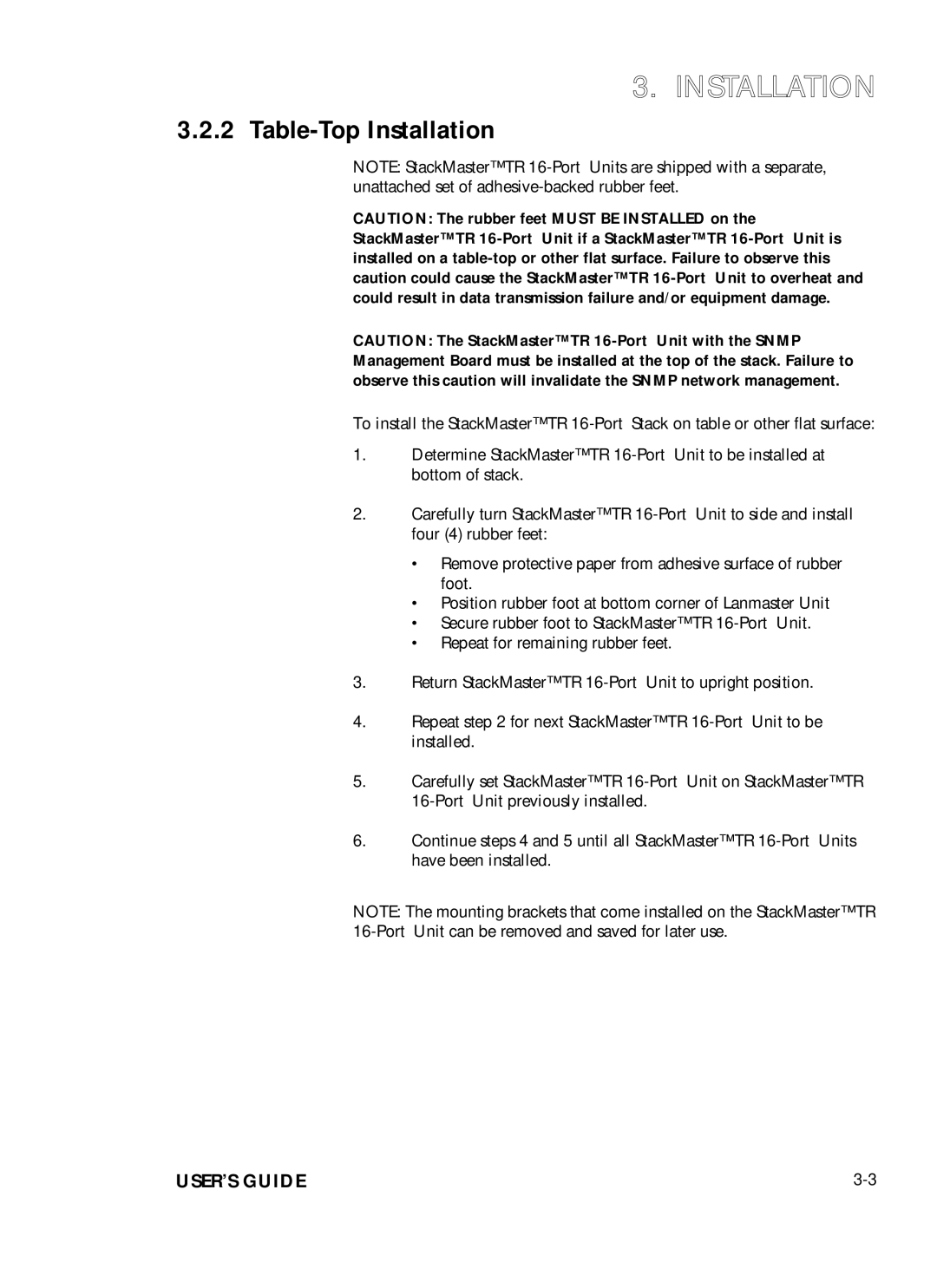 Transition Networks SMHB-TR-16 manual Table-Top Installation 