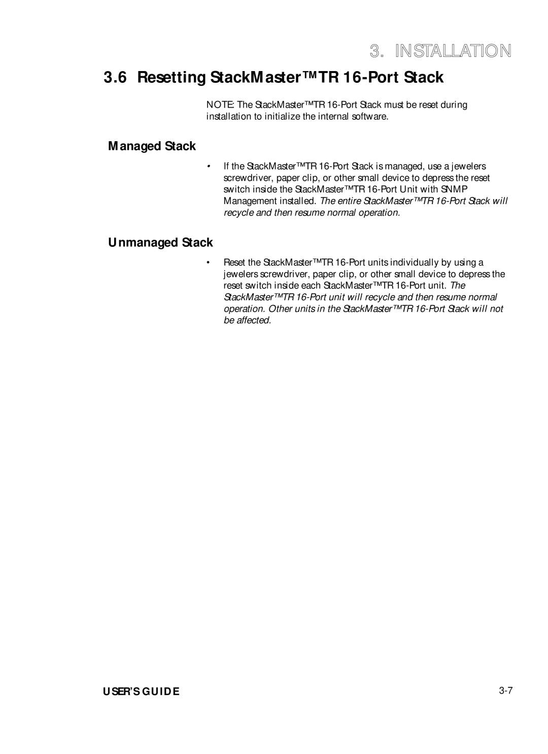 Transition Networks SMHB-TR-16 manual Resetting StackMasterTR 16-Port Stack, Managed Stack, Unmanaged Stack 