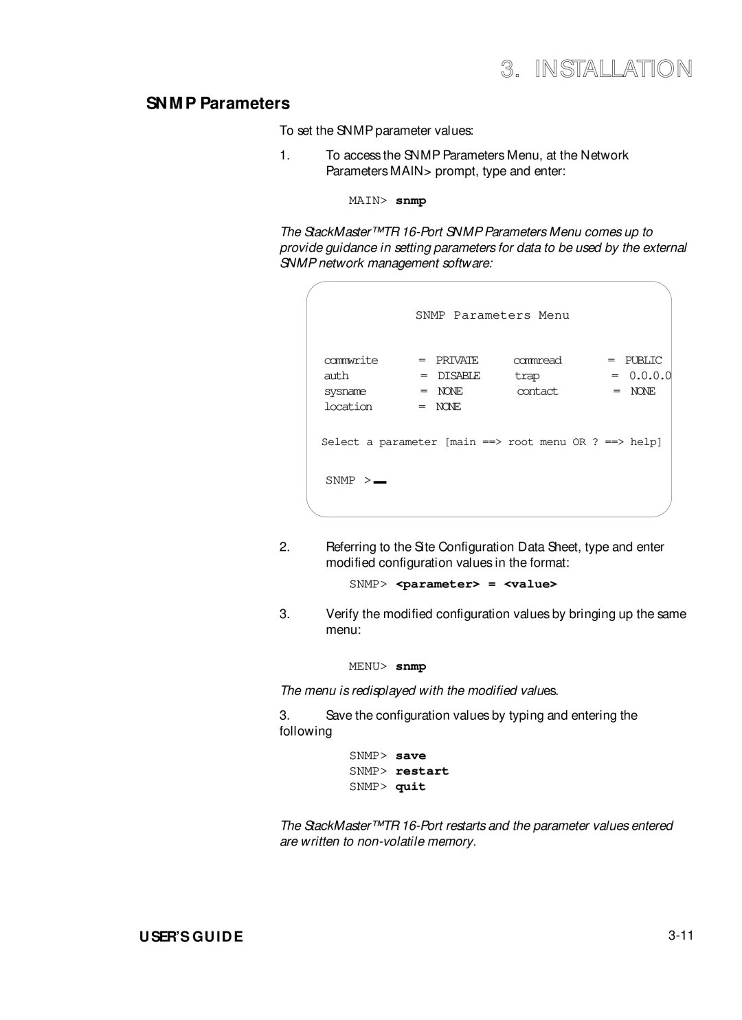 Transition Networks SMHB-TR-16 manual Snmp Parameters, Main snmp 