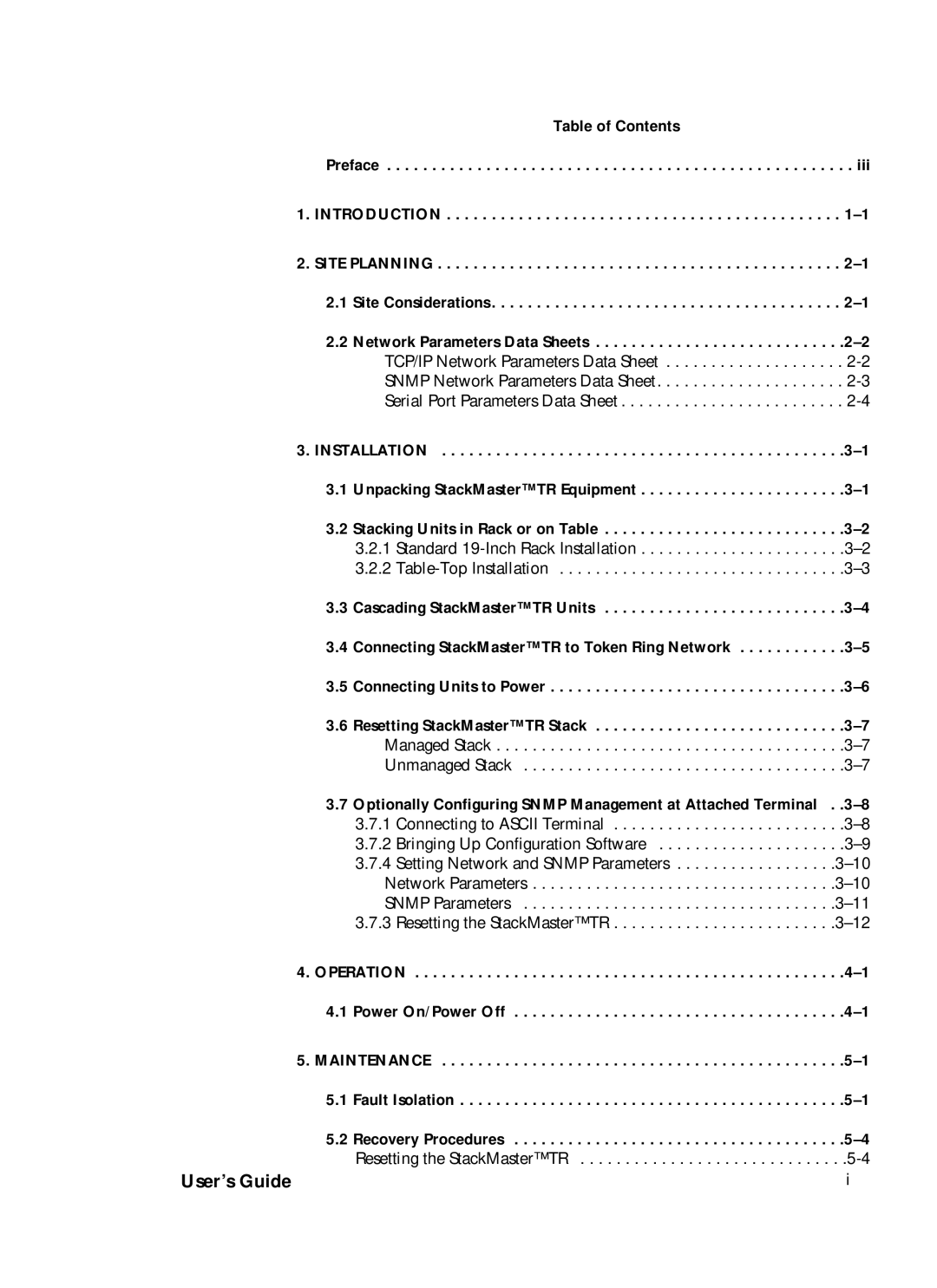 Transition Networks SMHB-TR-16 manual User’s Guide, Table of Contents Preface Introduction, Network Parameters Data Sheets 