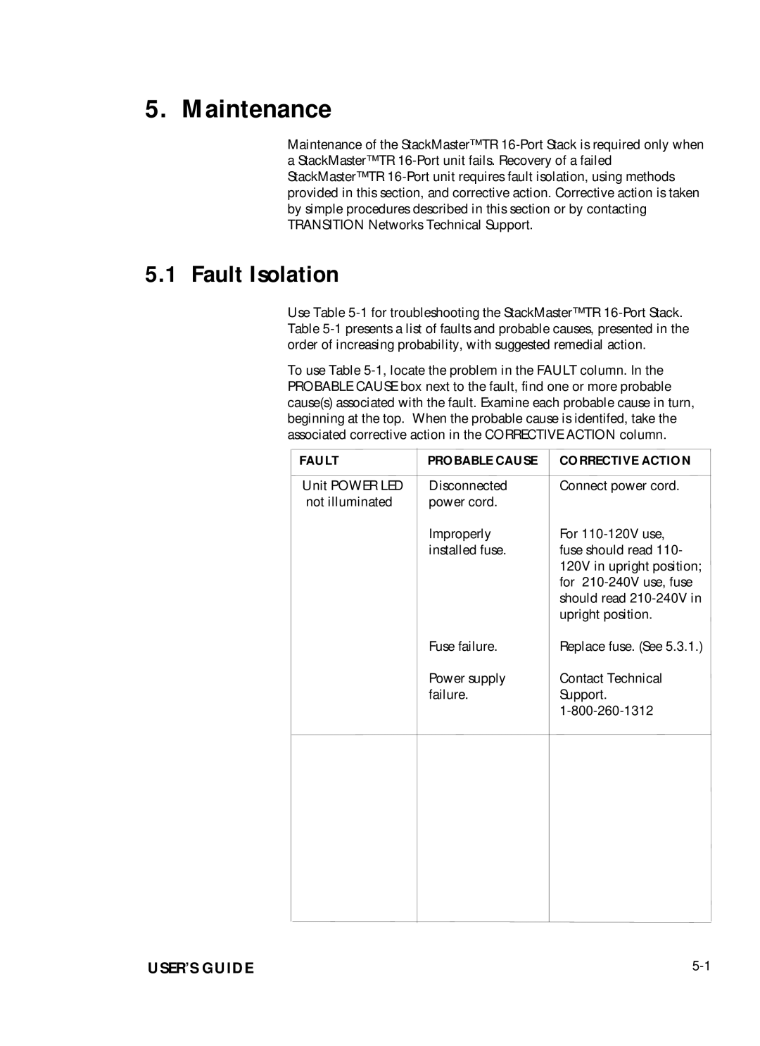 Transition Networks SMHB-TR-16 manual Maintenance, Fault Isolation 