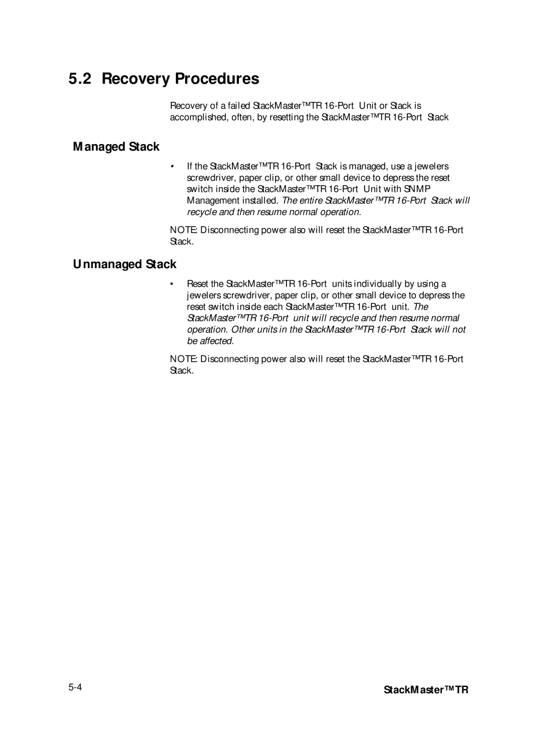 Transition Networks SMHB-TR-16 manual Recovery Procedures, Managed Stack 