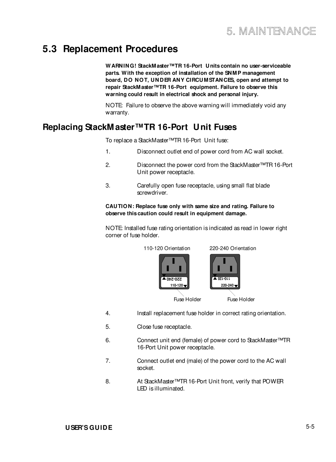 Transition Networks SMHB-TR-16 manual Replacement Procedures, Replacing StackMasterTR 16-Port Unit Fuses 