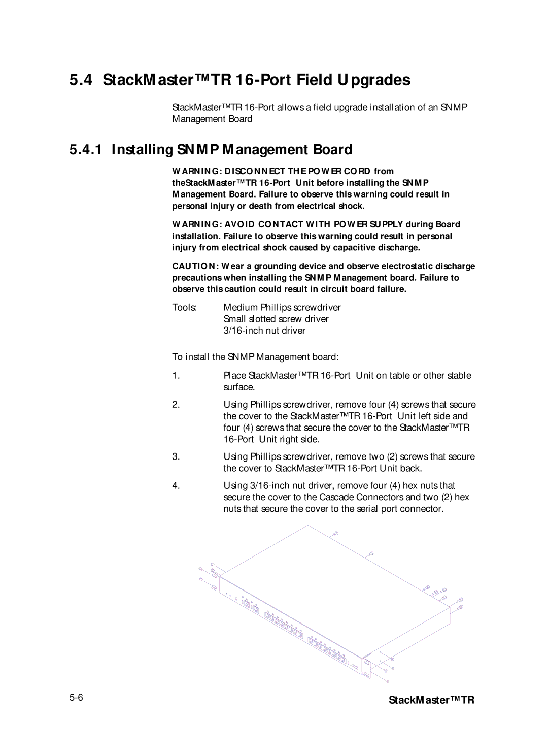 Transition Networks SMHB-TR-16 manual StackMasterTR 16-Port Field Upgrades, Installing Snmp Management Board 