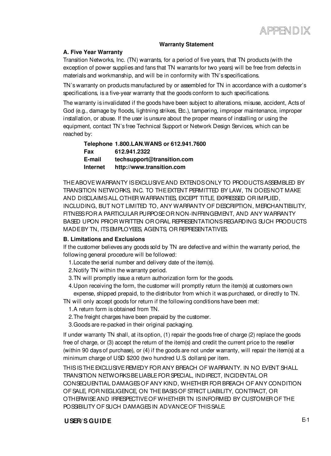 Transition Networks SMHB-TR-16 manual Warranty Statement Five Year Warranty 