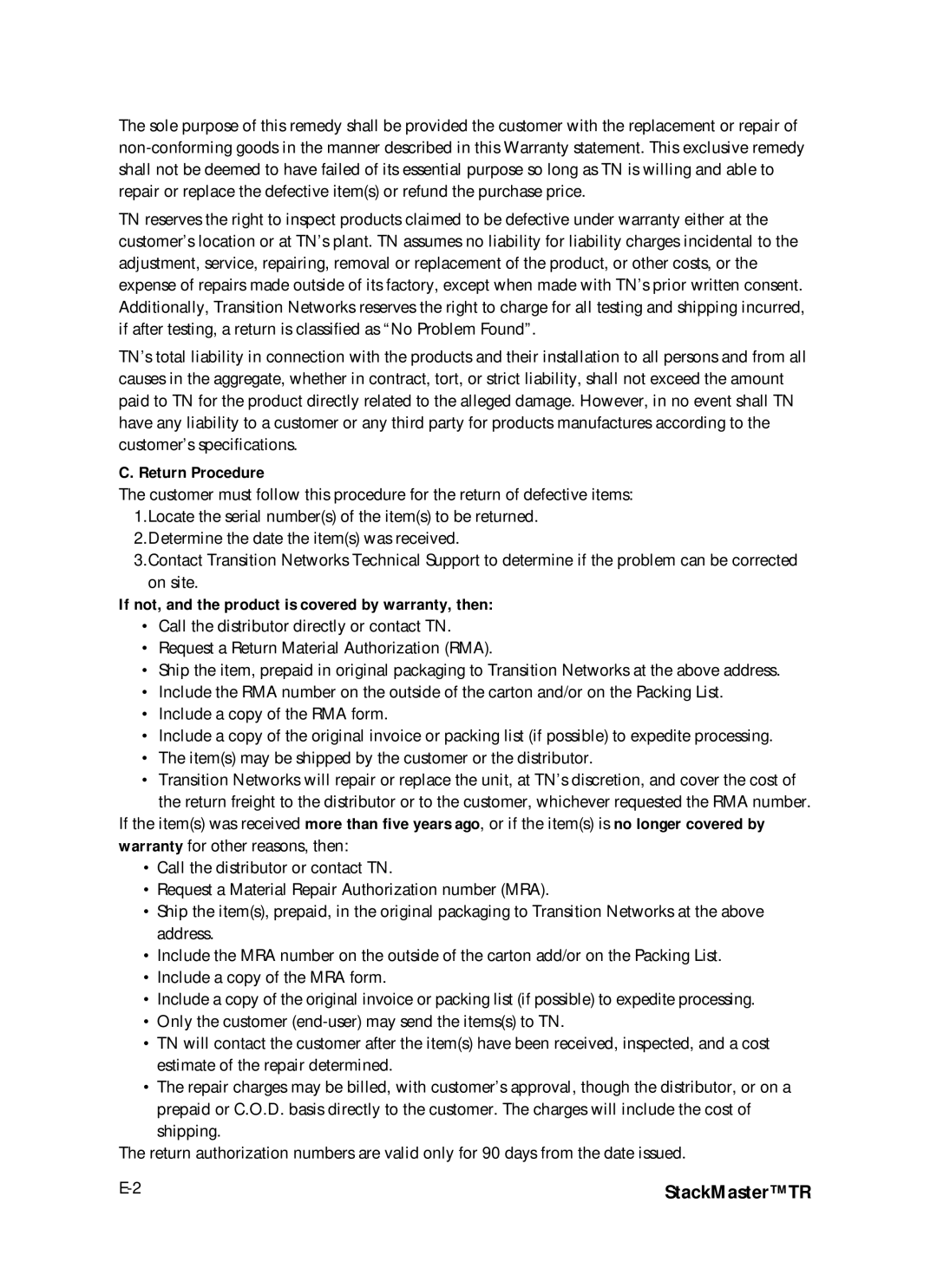 Transition Networks SMHB-TR-16 manual Return Procedure, If not, and the product is covered by warranty, then 