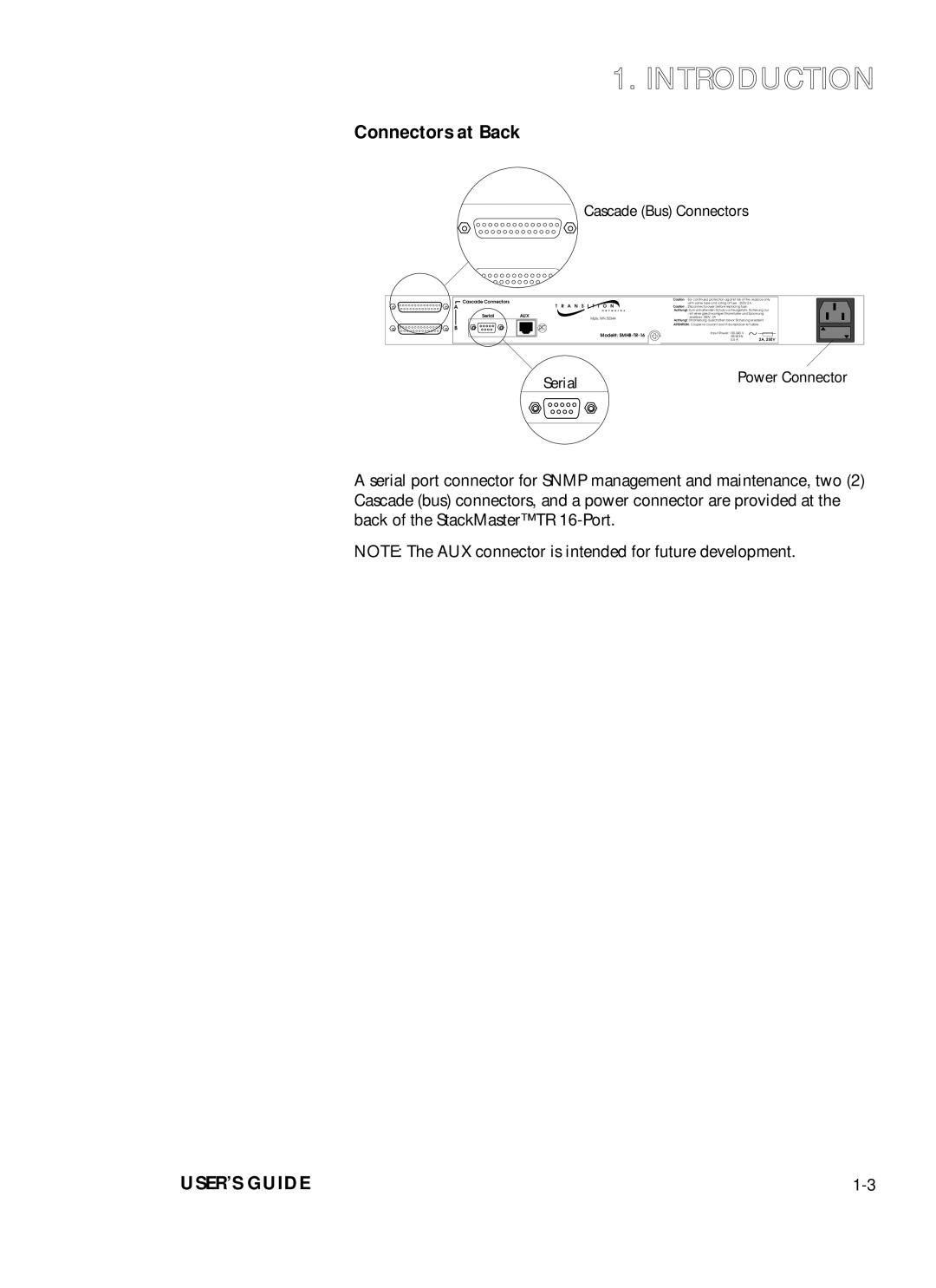 Transition Networks SMHB-TR-16 manual Introduction, Connectors at Back 