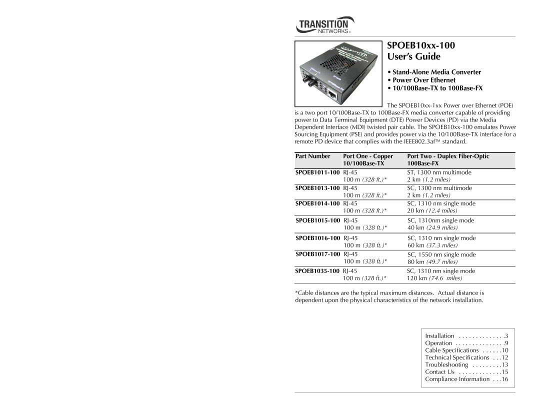 Transition Networks SPOEB10XX-100 specifications Part Number, SPOEB1013-100, SPOEB1014-100, SPOEB1015-100 RJ-45 