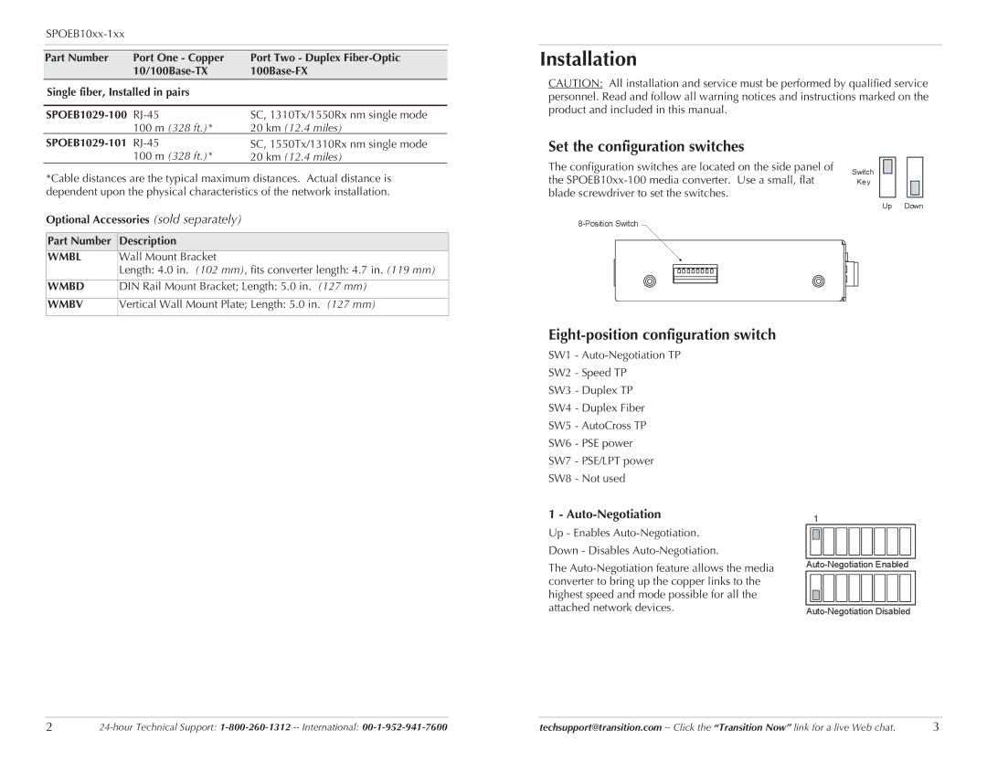 Transition Networks SPOEB10XX-100 Installation, Set the configuration switches, Eight-position configuration switch 