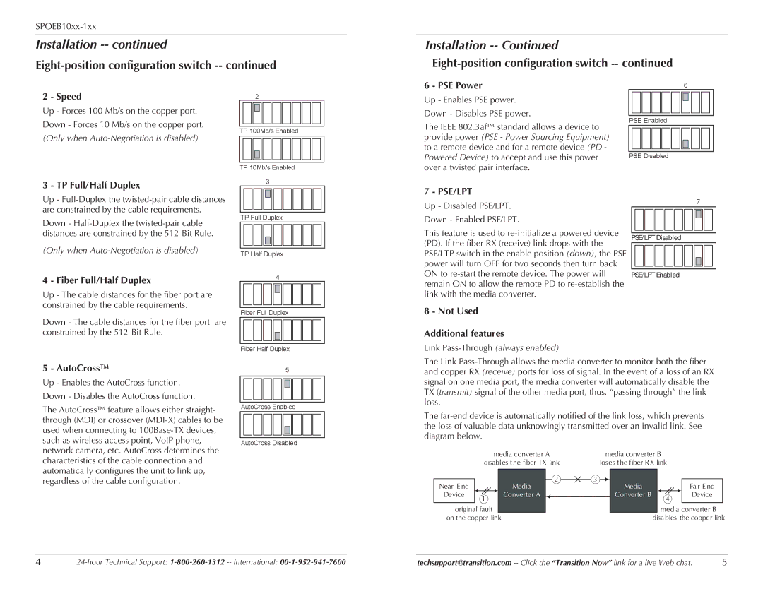 Transition Networks SPOEB10XX-100 specifications PSE Power Speed, TP Full/Half Duplex, Fiber Full/Half Duplex, AutoCross 