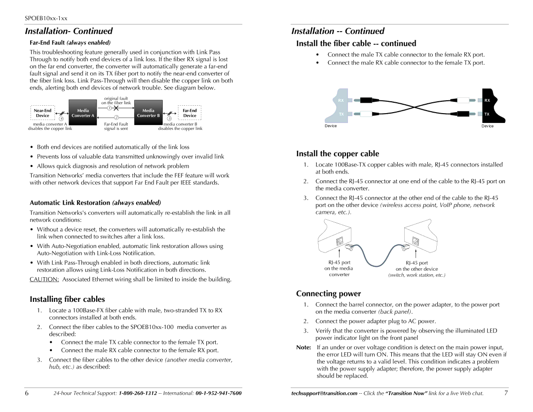 Transition Networks SPOEB10XX-100 specifications Installing fiber cables, Install the fiber cable, Install the copper cable 