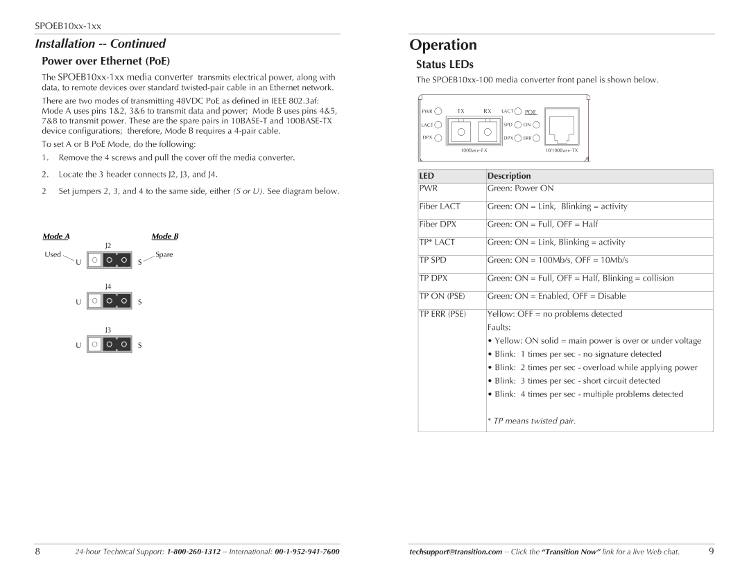 Transition Networks SPOEB10XX-100 specifications Operation, Power over Ethernet PoE, Status LEDs 