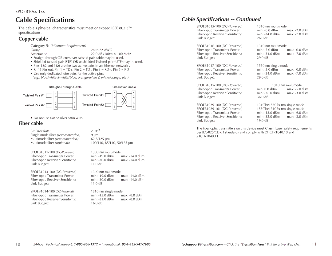 Transition Networks SPOEB10XX-100 specifications Cable Specifications, Copper cable, Fiber cable 