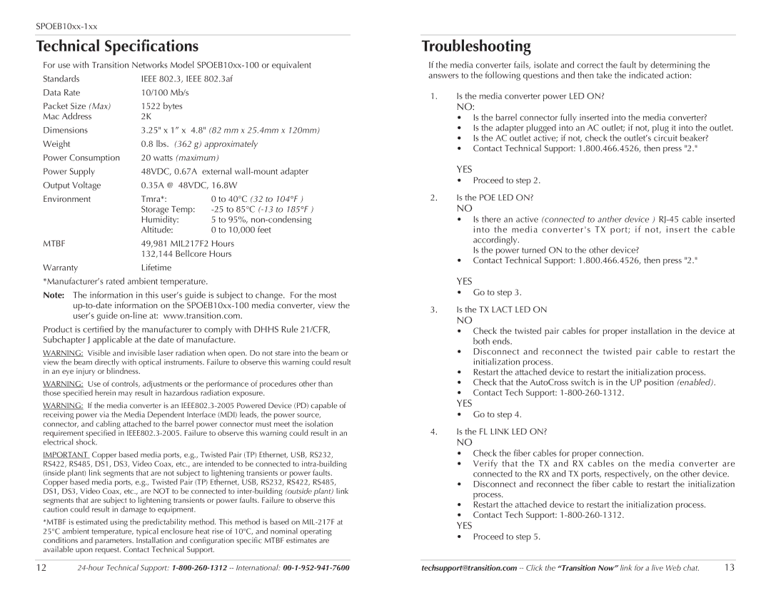 Transition Networks SPOEB10XX-100 specifications Technical Specifications, Troubleshooting 