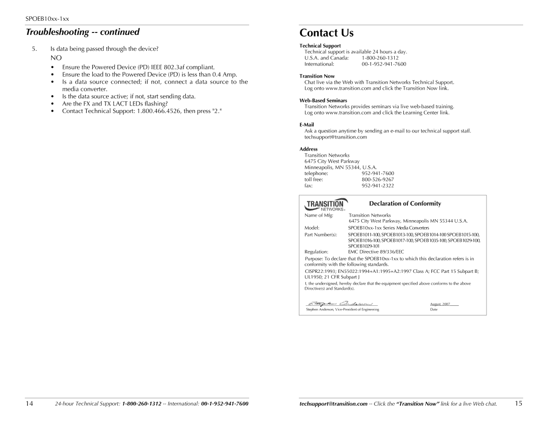 Transition Networks SPOEB10XX-100 specifications Contact Us, Declaration of Conformity 