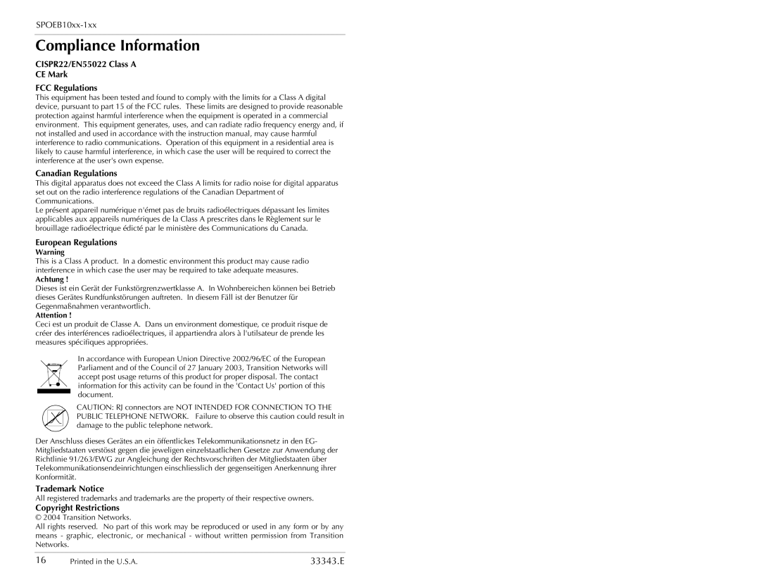 Transition Networks SPOEB10XX-100 Compliance Information, European Regulations, Trademark Notice, Copyright Restrictions 