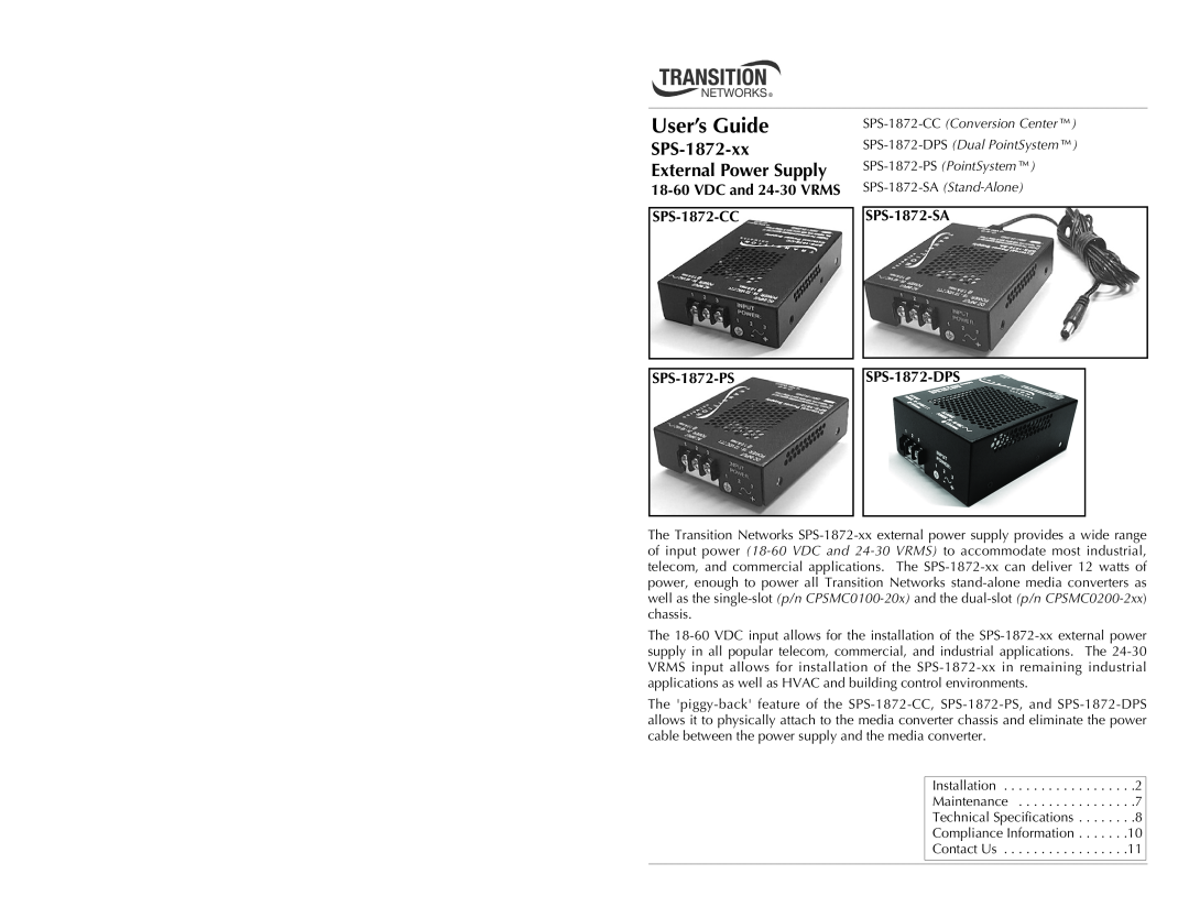 Transition Networks SPS-1872-CC technical specifications SPS-1872-xx External Power Supply, SPS-1872-SA SPS-1872-DPS 