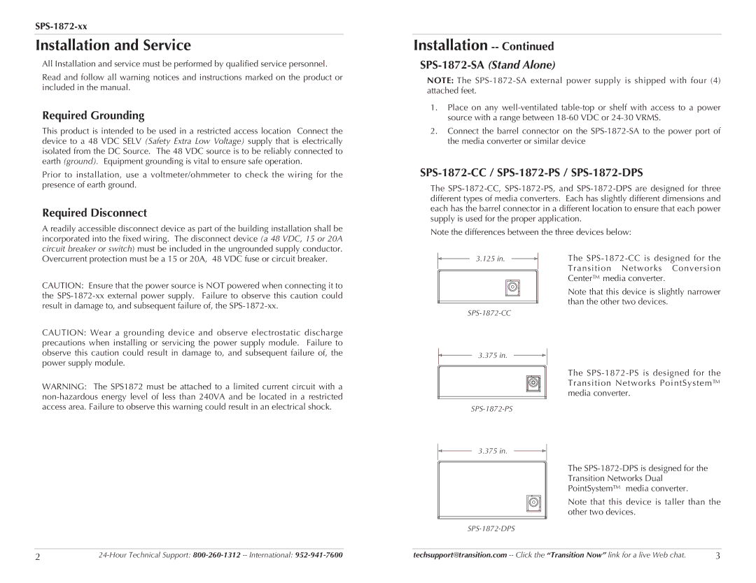 Transition Networks SPS-1872-PS, SPS-1872-CC technical specifications Installation and Service, SPS-1872-SAStand Alone 