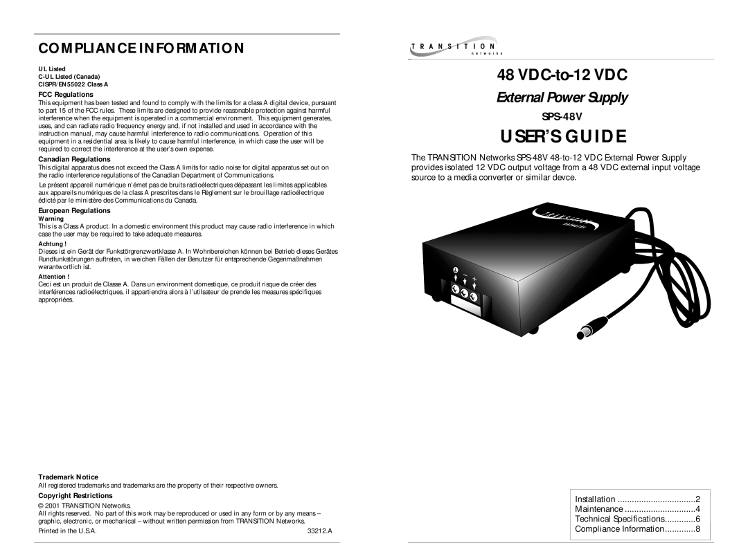 Transition Networks SPS-48V instruction manual Compliance Information, User’S Guide, VDC-to-12 VDC, External Power Supply 