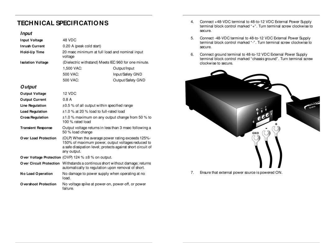 Transition Networks SPS-48V instruction manual Technical Specifications, Input, Output 