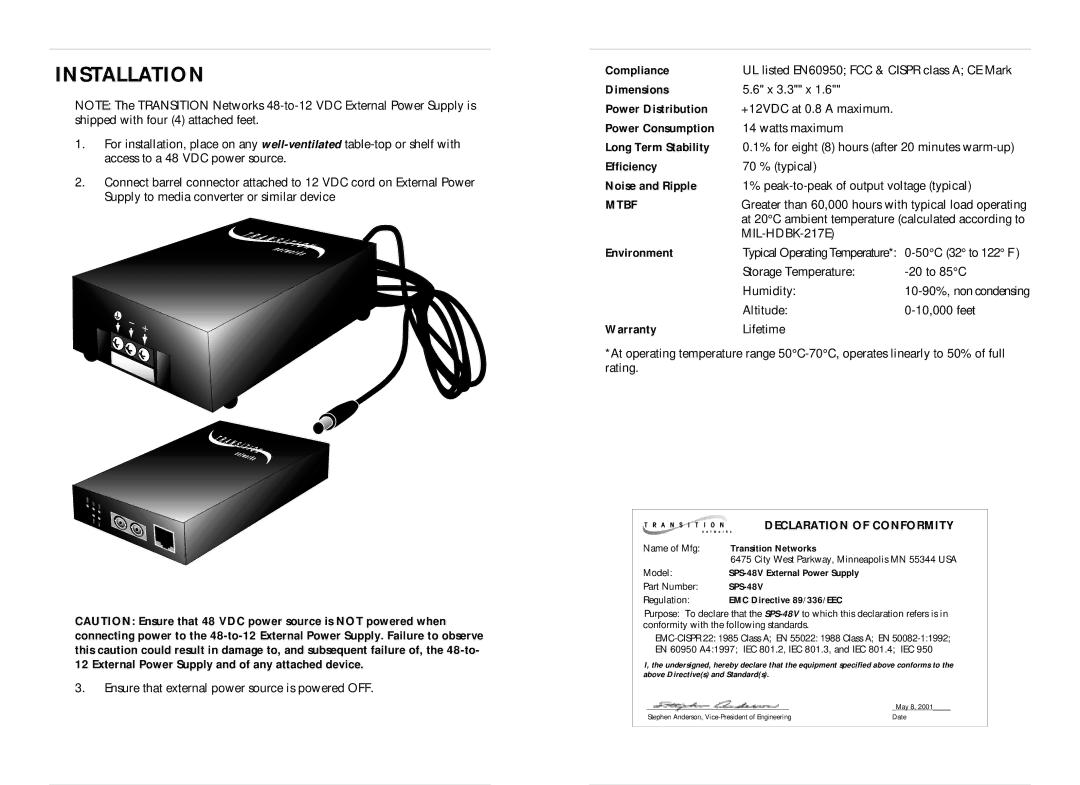 Transition Networks SPS-48V instruction manual Installation 