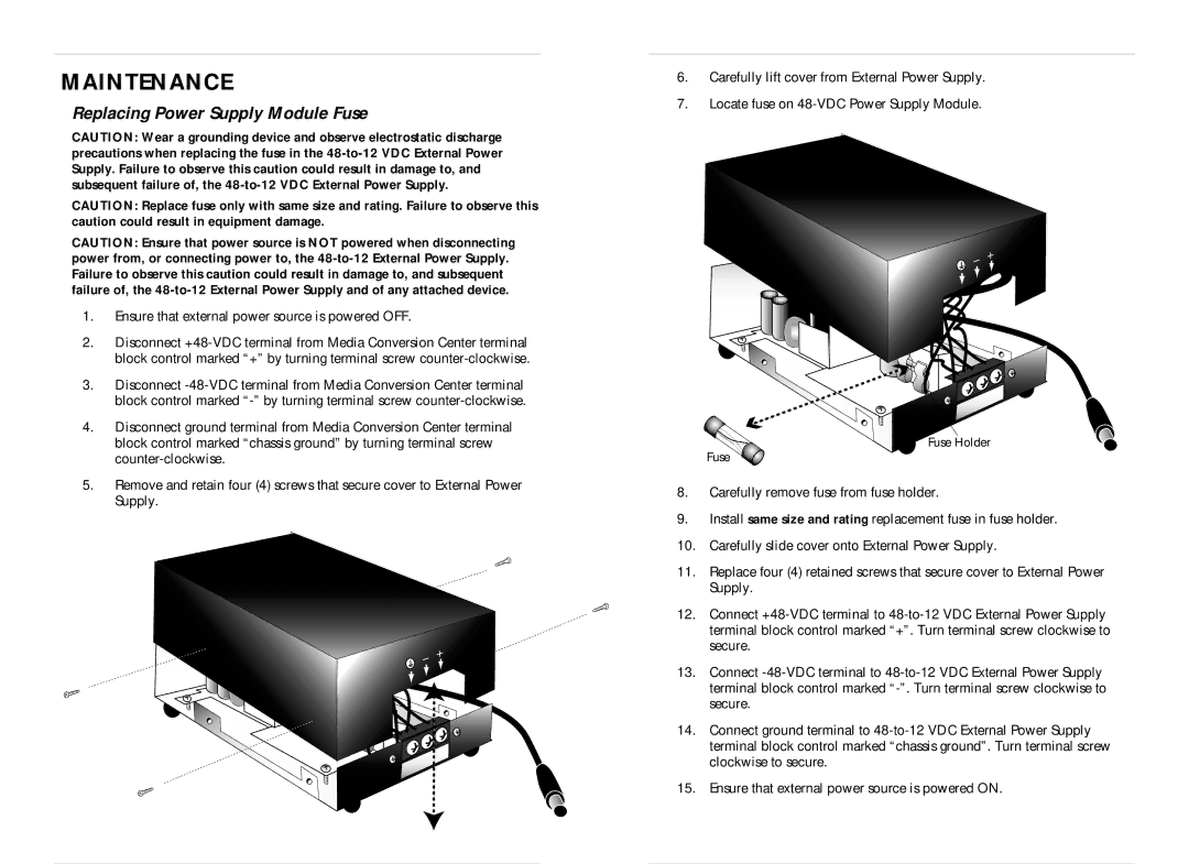 Transition Networks SPS-48V instruction manual Maintenance, Replacing Power Supply Module Fuse 