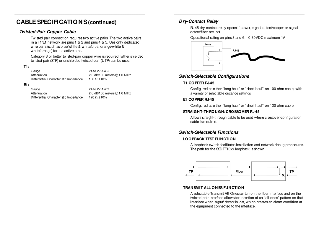 Transition Networks SSDTF1015-100, SSDTF1022-100 Cable Specifications, Twisted-Pair Copper Cable, Dry-Contact Relay 