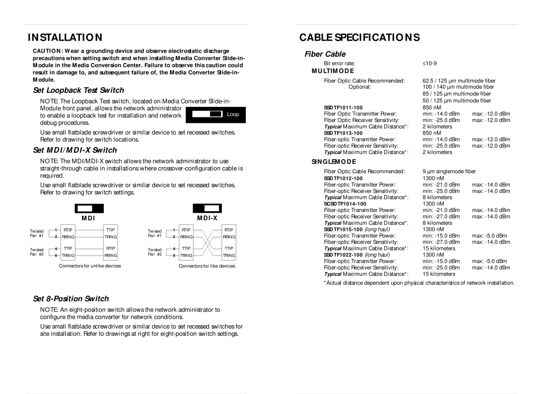 Transition Networks SSDTF1012-100, SSDTF1022-100, SSDTF1011-100, SSDTF1013-100 Installation, Cable Specifications 