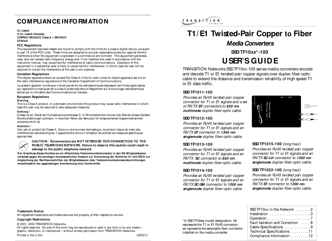 Transition Networks SSDTF1011-100 instruction manual Compliance Information, T1/E1 Twisted-Pair Copper to Fiber 
